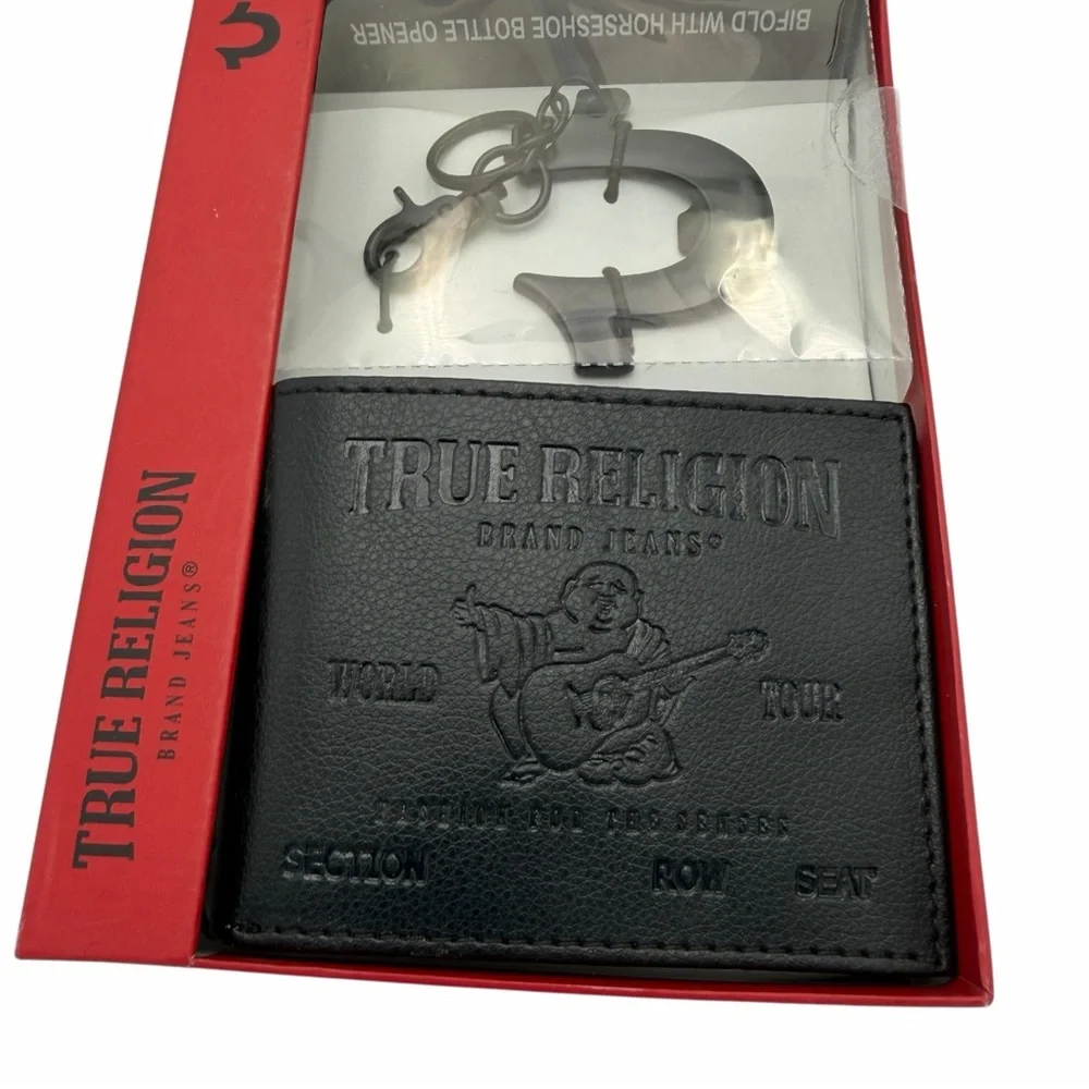 Brand New True Religion Black Leather Billfold Wallet w/ Bottle Opener Keychain